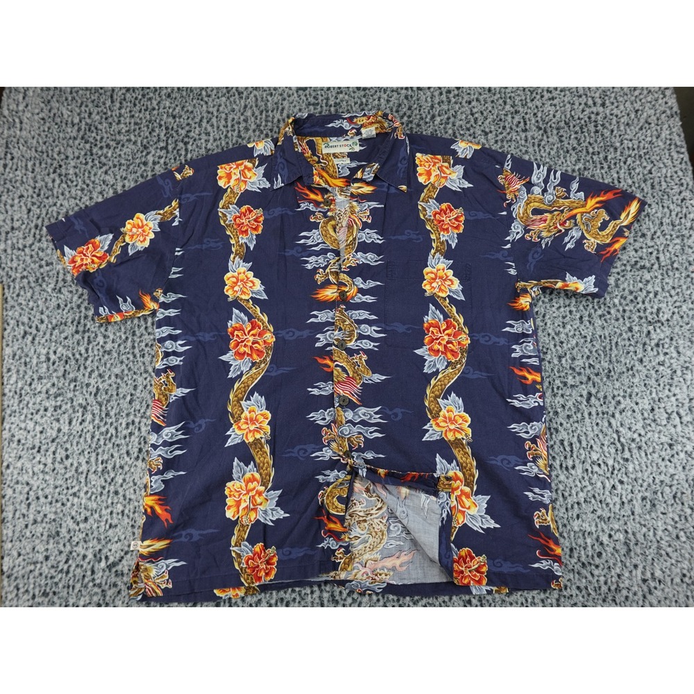 Robert Stock Button Down Shirt Mens Large Navy Dragon Floral Hawaiian Y2K